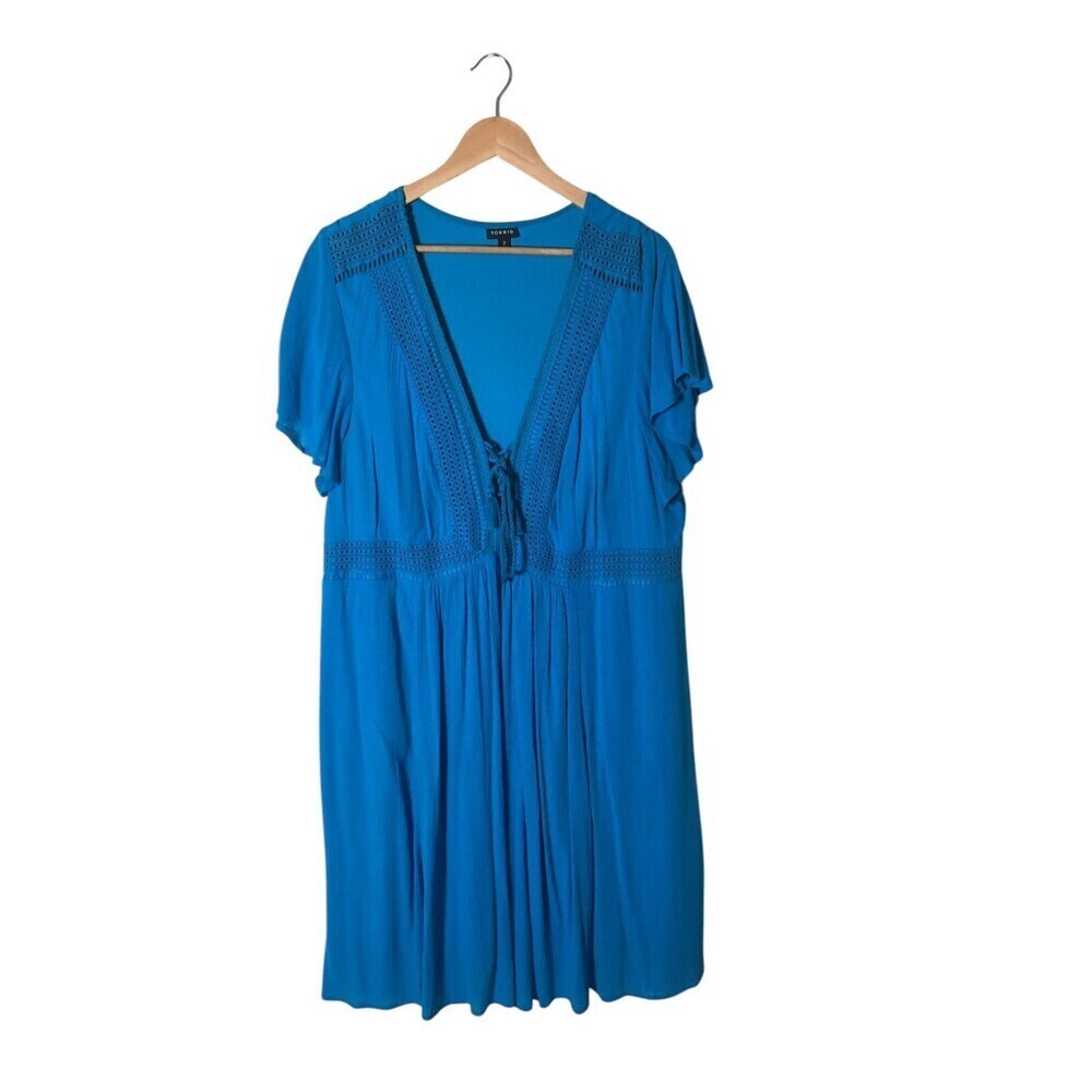 Torrid Dress Women's Size 2X Blue Lace Trim V-Neck Tie Closure Short Sleeve